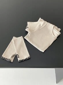 DAZY Lettuce Trim Ribbed Knit Tee With Arm Sleeves - Apricot - View 6