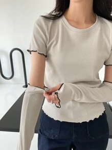 DAZY Lettuce Trim Ribbed Knit Tee With Arm Sleeves - Apricot - View 4