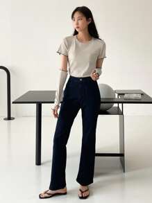 DAZY Lettuce Trim Ribbed Knit Tee With Arm Sleeves - Apricot - View 5