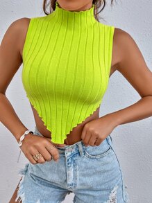 SHEIN Essnce Top de cuello cisne bajo hanky tejido de canalé - Verde Lima - Ver 1