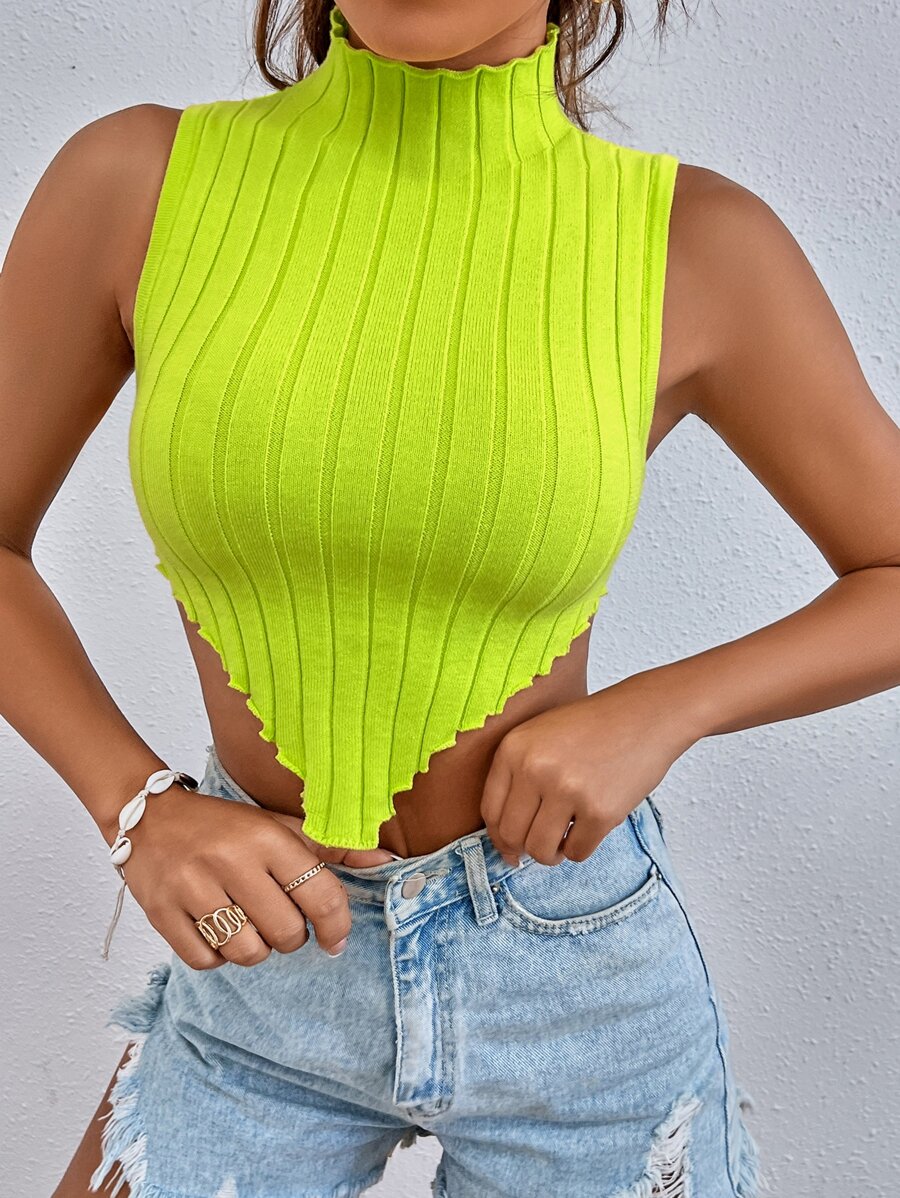 SHEIN Essnce Top de cuello cisne bajo hanky tejido de canalé - Verde Lima - Ver 1