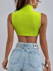 SHEIN Essnce Top de cuello cisne bajo hanky tejido de canalé - Verde Lima - Ver 2