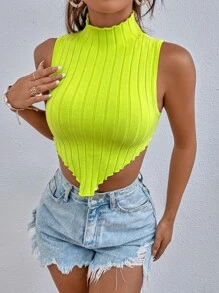 SHEIN Essnce Top de cuello cisne bajo hanky tejido de canalé - Verde Lima - Ver 6