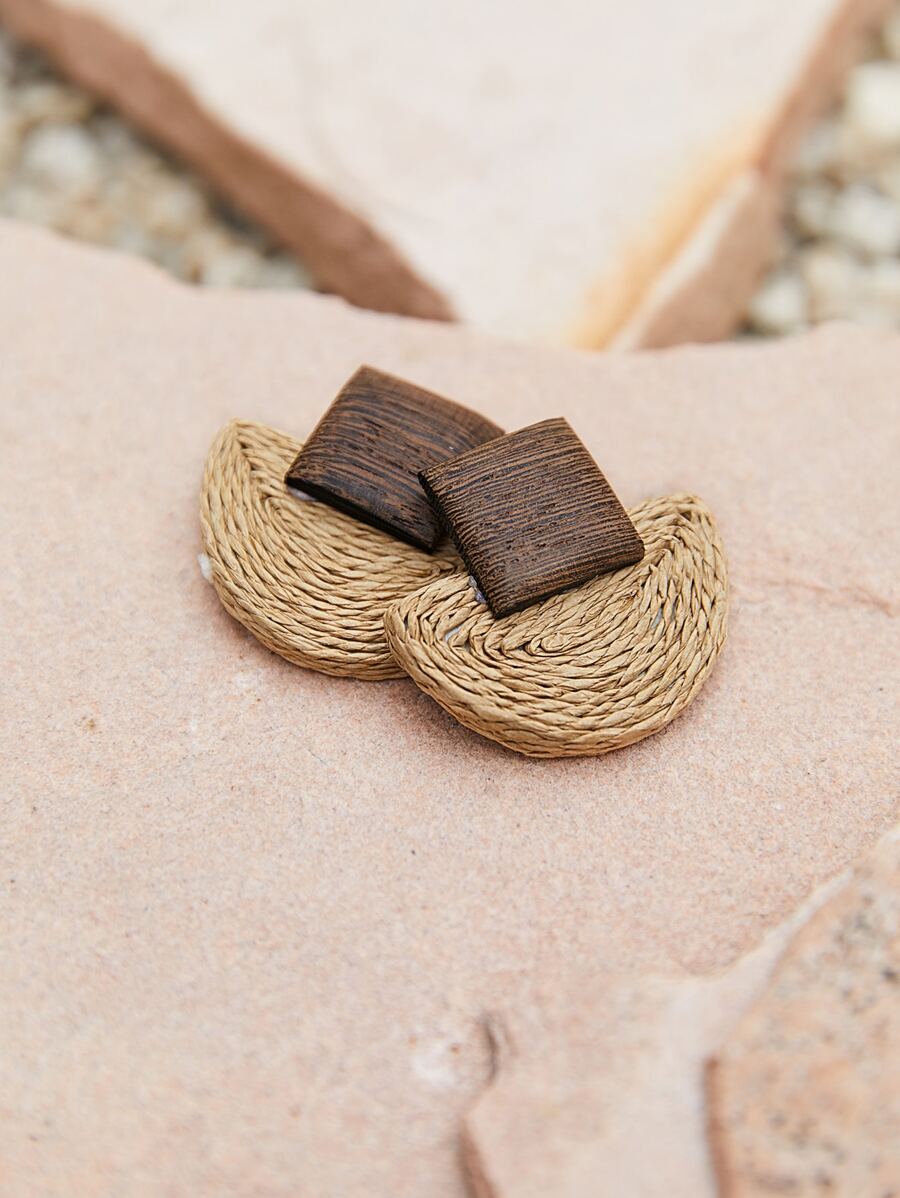 SHEIN VCAY Geometric Straw Stud Earrings - Brown - View 1