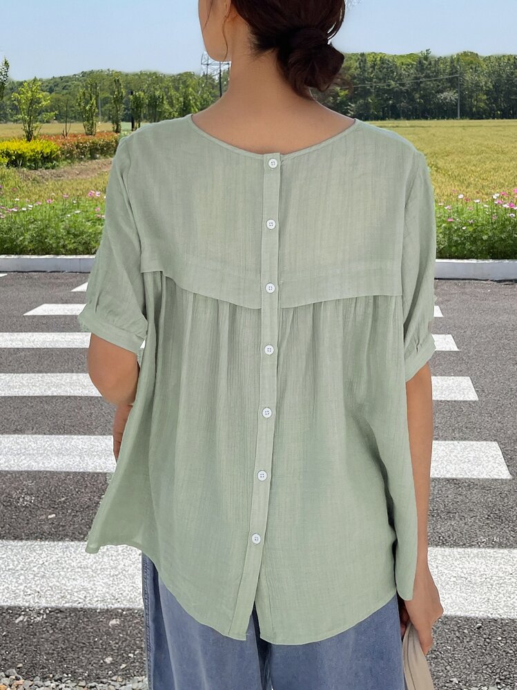 DAZY Button Back Peplum Blouse - Green - View 2