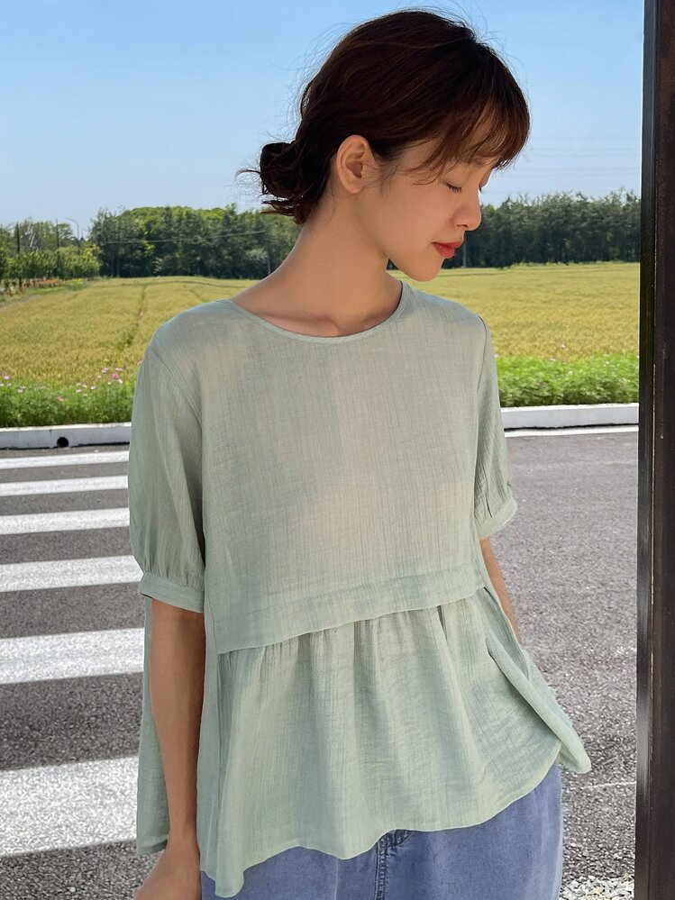 DAZY Button Back Peplum Blouse - Green - View 8