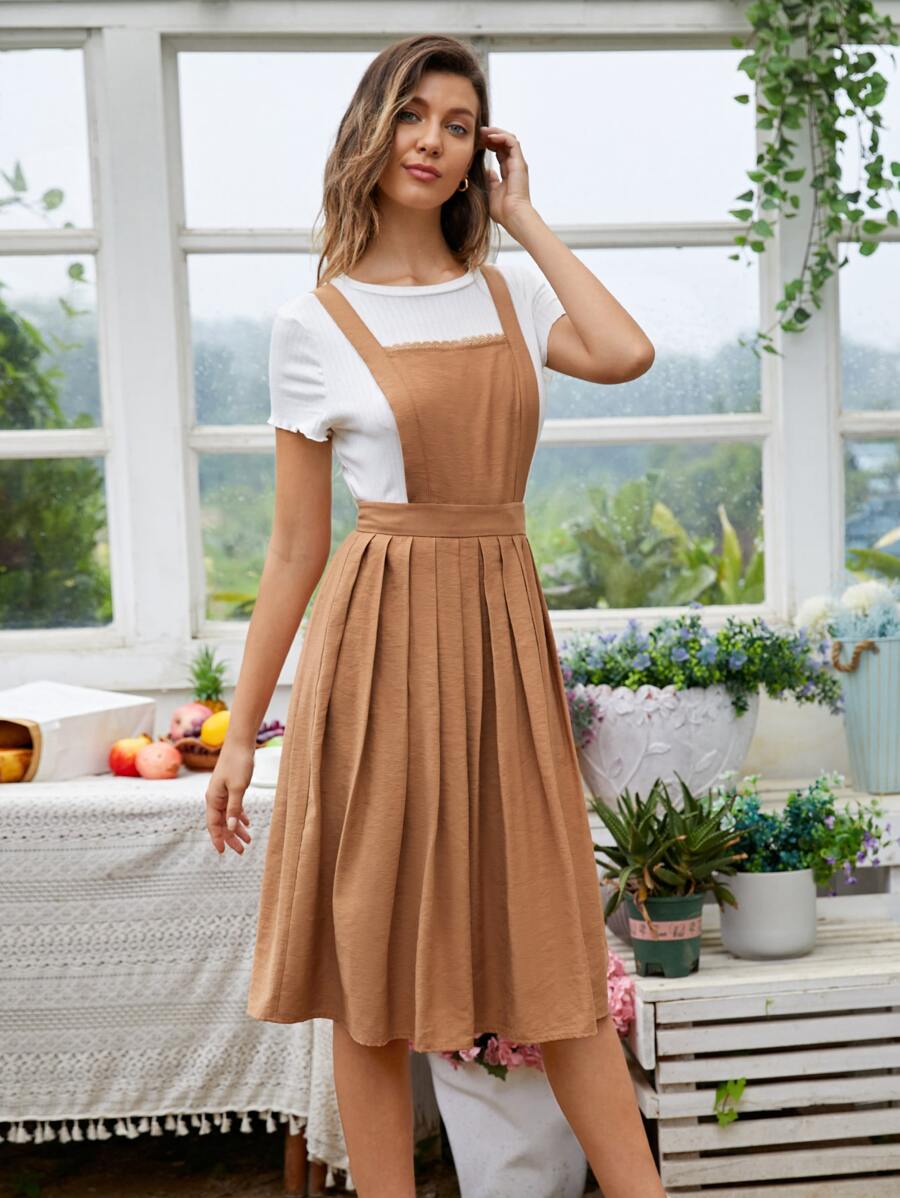 Vestido overol bajo fruncido sin camiseta - Camel - Ver 1