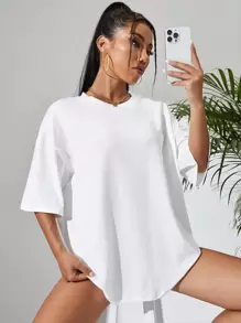 INAWLY Solid Drop Shoulder Oversized Tee, Unisex