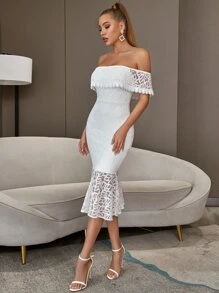 一字肩魚尾裙下擺蕾絲緊身洋裝 - 白色 - 查看 5