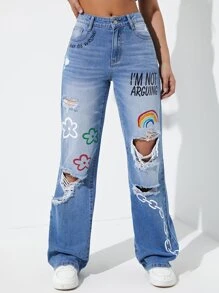 High Waist Floral & Rainbow Print Ripped Wide Leg Jeans - Light Wash - View 1
