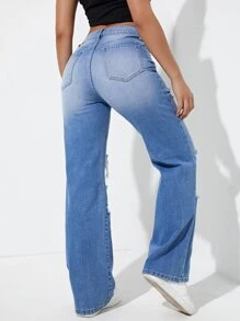 High Waist Floral & Rainbow Print Ripped Wide Leg Jeans - Light Wash - View 2