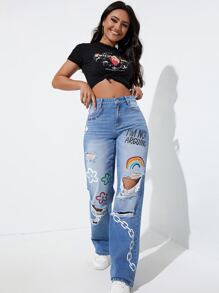 High Waist Floral & Rainbow Print Ripped Wide Leg Jeans - Light Wash - View 3