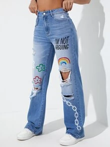 High Waist Floral & Rainbow Print Ripped Wide Leg Jeans - Light Wash - View 4