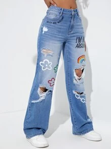 High Waist Floral & Rainbow Print Ripped Wide Leg Jeans - Light Wash - View 5