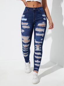 SHEIN Essnce Ladder Distressed Raw Trim Skinny Jeans - Medium Wash - View 1