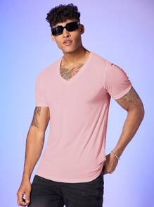 Manfinity NiteLyfe Men V-neck Solid Tee - Baby Pink - View 1
