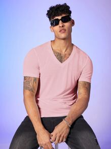 Manfinity NiteLyfe Men V-neck Solid Tee - Baby Pink - View 6