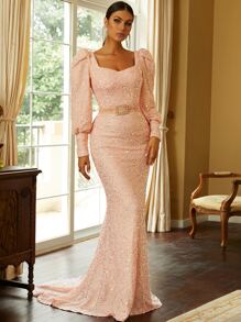 Missord 心形领主教袖水钻细节美人鱼下摆亮片礼服优雅长袖舞会晚会婚礼宾客礼服，适合毕业典礼、晚宴 - 淺粉色 - 查看 1