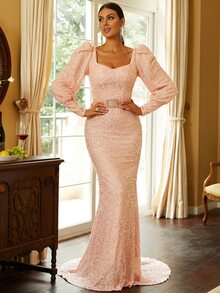 Missord 心形领主教袖水钻细节美人鱼下摆亮片礼服优雅长袖舞会晚会婚礼宾客礼服，适合毕业典礼、晚宴 - 淺粉色 - 查看 4