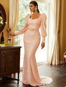 Missord 心形领主教袖水钻细节美人鱼下摆亮片礼服优雅长袖舞会晚会婚礼宾客礼服，适合毕业典礼、晚宴 - 淺粉色 - 查看 6