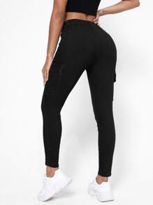 EURMUSE Flap Pocket Side Skinny Jeans - Black - View 2