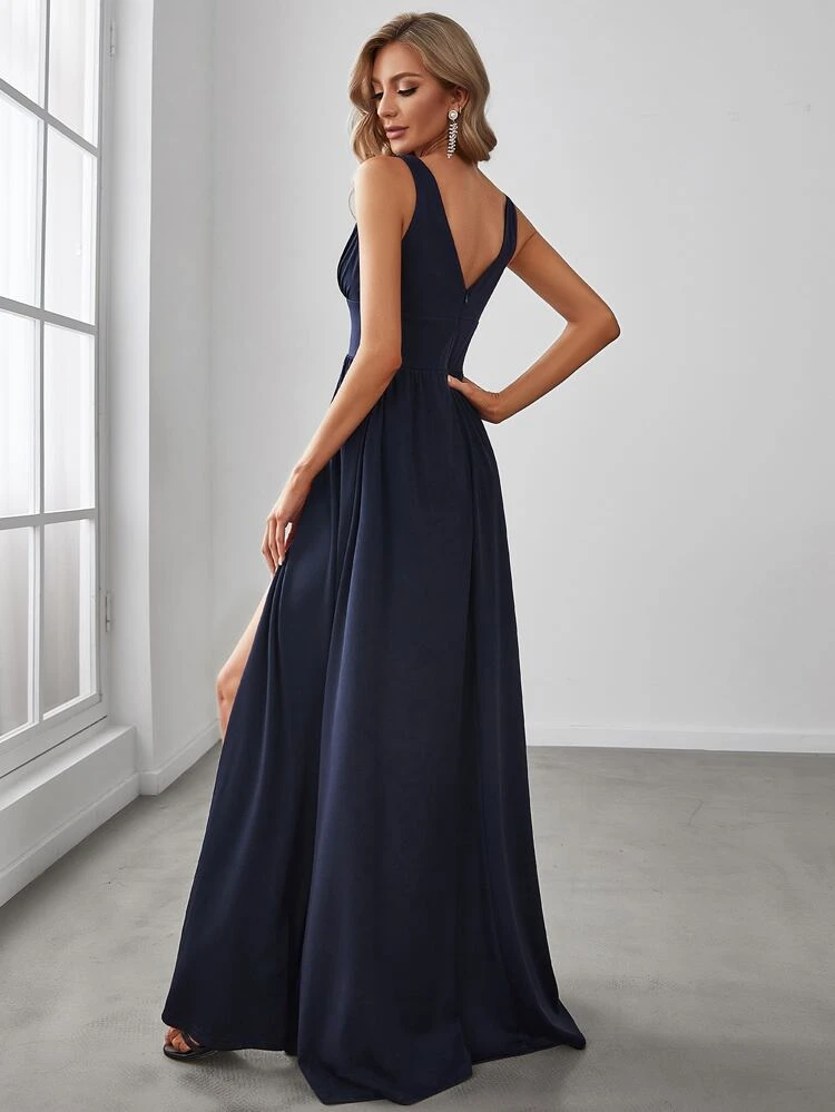 Spring V-Neck Slit Thigh Navy Blue Bridesmaid Dress, Wedding Guest Dress, Elegant Dress For Wedding, Christmas Party