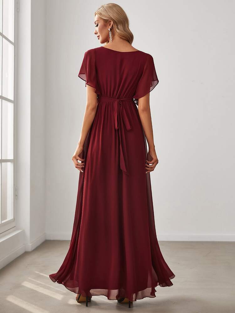 Ruffle Slit Sleeve Chiffon Burgundy Bridesmaid Dress, Wedding Guest Dress, Semi-Formal Dress Spring Elegant