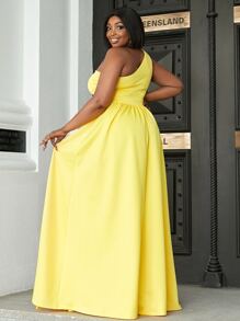 seomiscky 大碼貼花鏤空高衩單肩連衣裙 - 黃色 - 查看 2