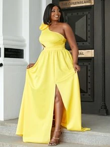 seomiscky 大碼貼花鏤空高衩單肩連衣裙 - 黃色 - 查看 3