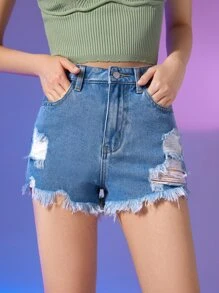 SHEIN Teen Girls Ripped Frayed Hem Denim Shorts - Medium Wash - View 1