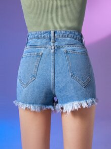 SHEIN Teen Girls Ripped Frayed Hem Denim Shorts - Medium Wash - View 2