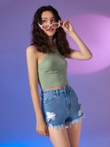 SHEIN Teen Girls Ripped Frayed Hem Denim Shorts - Medium Wash - View 3