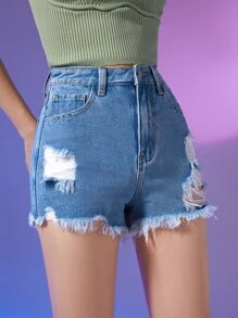 SHEIN Teen Girls Ripped Frayed Hem Denim Shorts - Medium Wash - View 5
