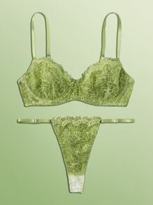 ROMWE Fairycore Contrast Lace Lingerie Set - Green - View 1