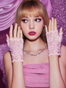 ROMWE Floral Lace Fingerless Gloves - Pink - View 3
