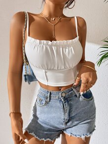 SHEIN PETITE 褶邊胸部褶皺吊帶上衣 - 白色 - 查看 3