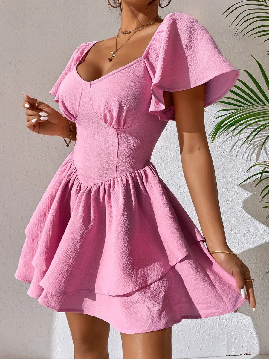 SHEIN PETITE 蝴蝶袖雙層下擺洋裝 - 粉色 - 查看 1