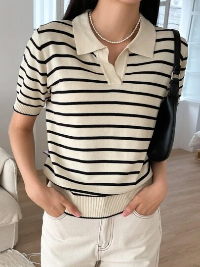 DAZY Mẫu sọc Chải Chi tiết Knit ngọn