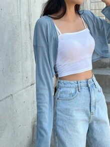 DAZY 垂墜肩開衩前短款上衣,不含背心 - 藍色 - 查看 9