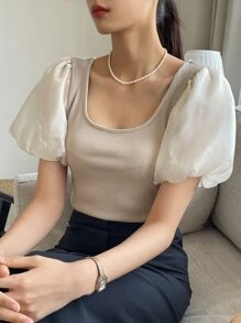 DAZY Contrast Mesh Lantern Sleeve Scoop Neck Top - Khaki - View 1