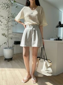 DAZY 摺紋細節寬腿短褲 - 淺灰色 - 查看 6