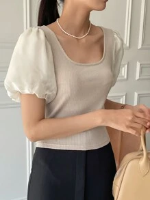 DAZY Contrast Mesh Lantern Sleeve Scoop Neck Top - Khaki - View 3