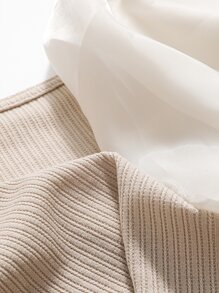 DAZY Contrast Mesh Lantern Sleeve Scoop Neck Top - Khaki - View 4