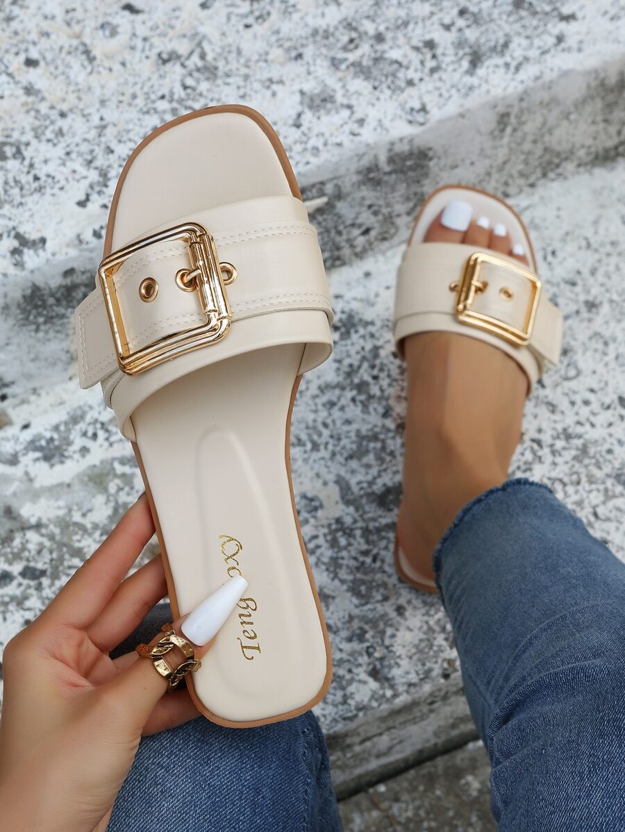 Sandalias deslizantes con detalle de puntada decorativa con hebilla para mujer, sandalias planas minimalistas sólidas de moda para exteriores - Beis - Ver 1