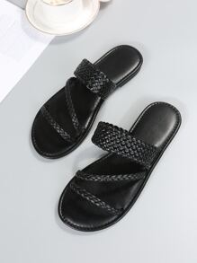 女士編織設計度假戶外黑色平底涼鞋
