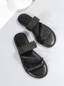 女士編織設計度假戶外黑色平底涼鞋