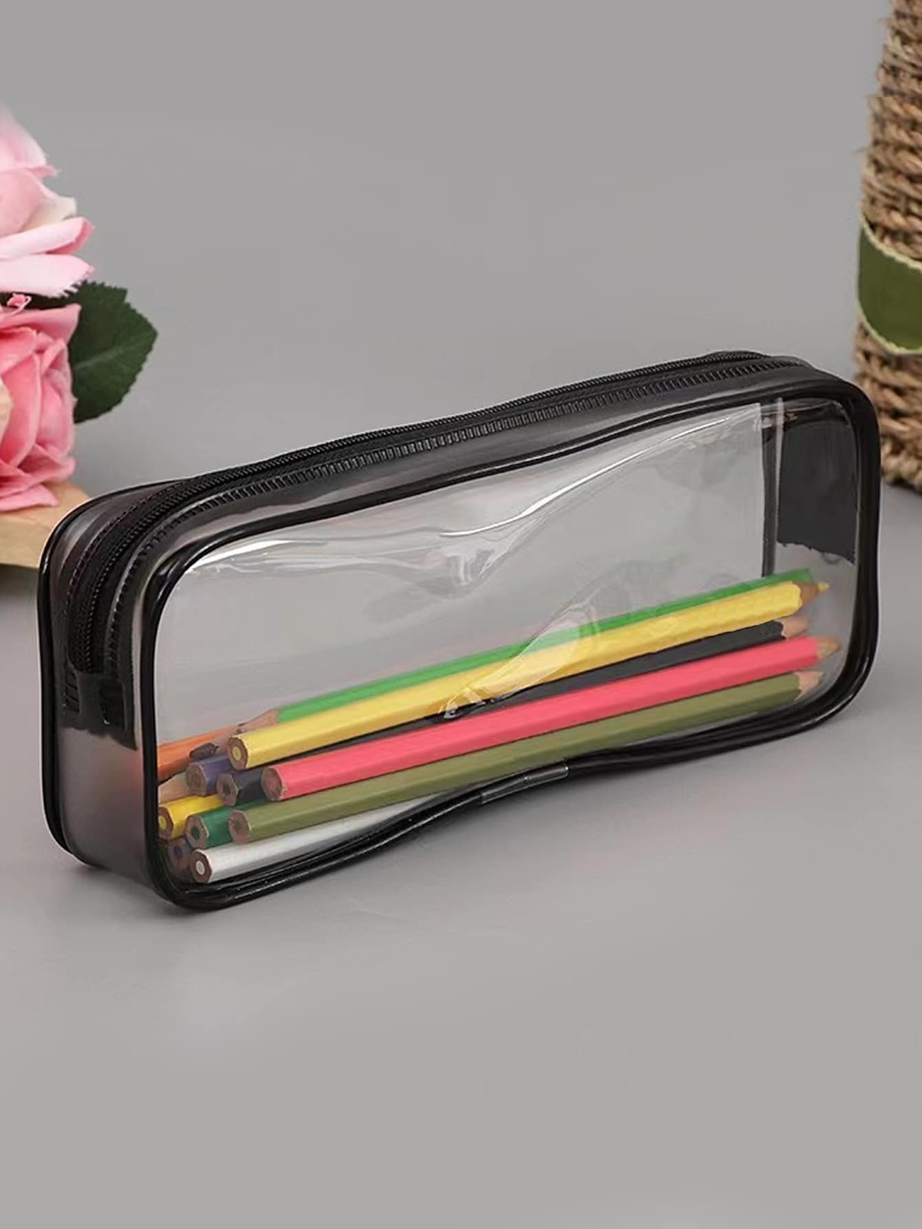 1pc Clear Pencil Case - Black - View 1