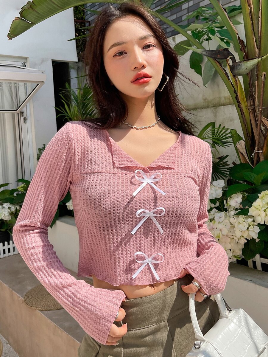 DAZY Nơ mặt trước Dệt kim Waffle Áo thun - Hồng - Xem 1