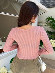 DAZY Nơ mặt trước Dệt kim Waffle Áo thun - Hồng - Xem 2