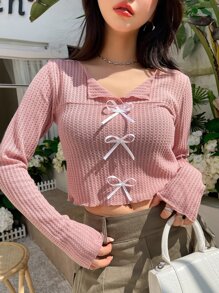 DAZY Nơ mặt trước Dệt kim Waffle Áo thun - Hồng - Xem 3